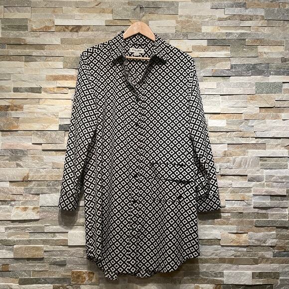 Tilley S Black Geometric Shirt Dress | Recycled Fabric, Stretch, Travel NWOT - Picture 2 of 8